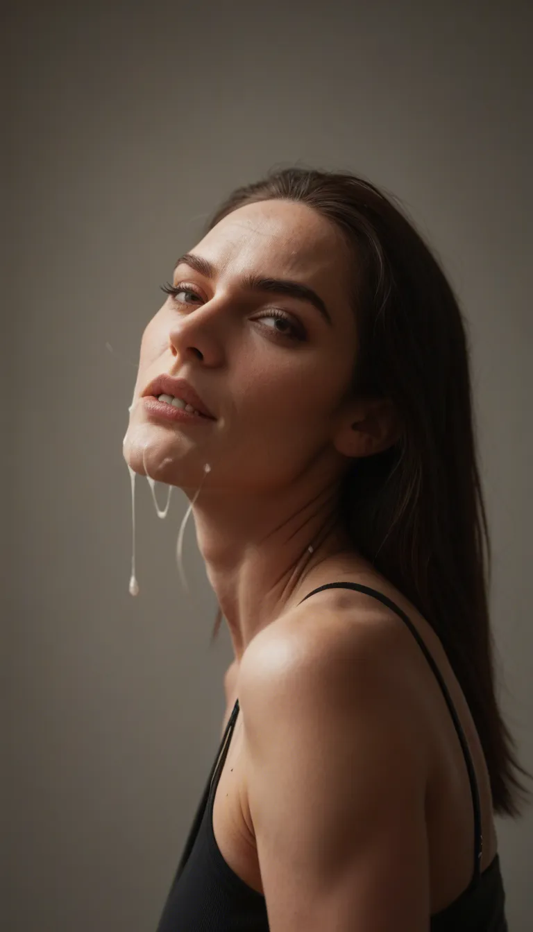side view, a whorey ingenue fuck puppet's sweet body doused in a slathering of cum is being shaken into a paralysis by the penetrative thrusts of an oversized cock into her tasty tight wet pussy, nice titties, messy creampie climax