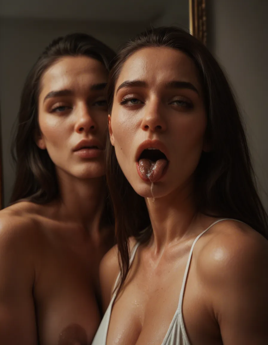 8k, sharp focus, detailed skin, multiple women, skindentation, food, mirror reflection, ahegao, extreme close-up, dramatic lighting, RAW photo, score_9, score_8, candid photo, realistic skin texture, visible skin pores, film grain, depth of field