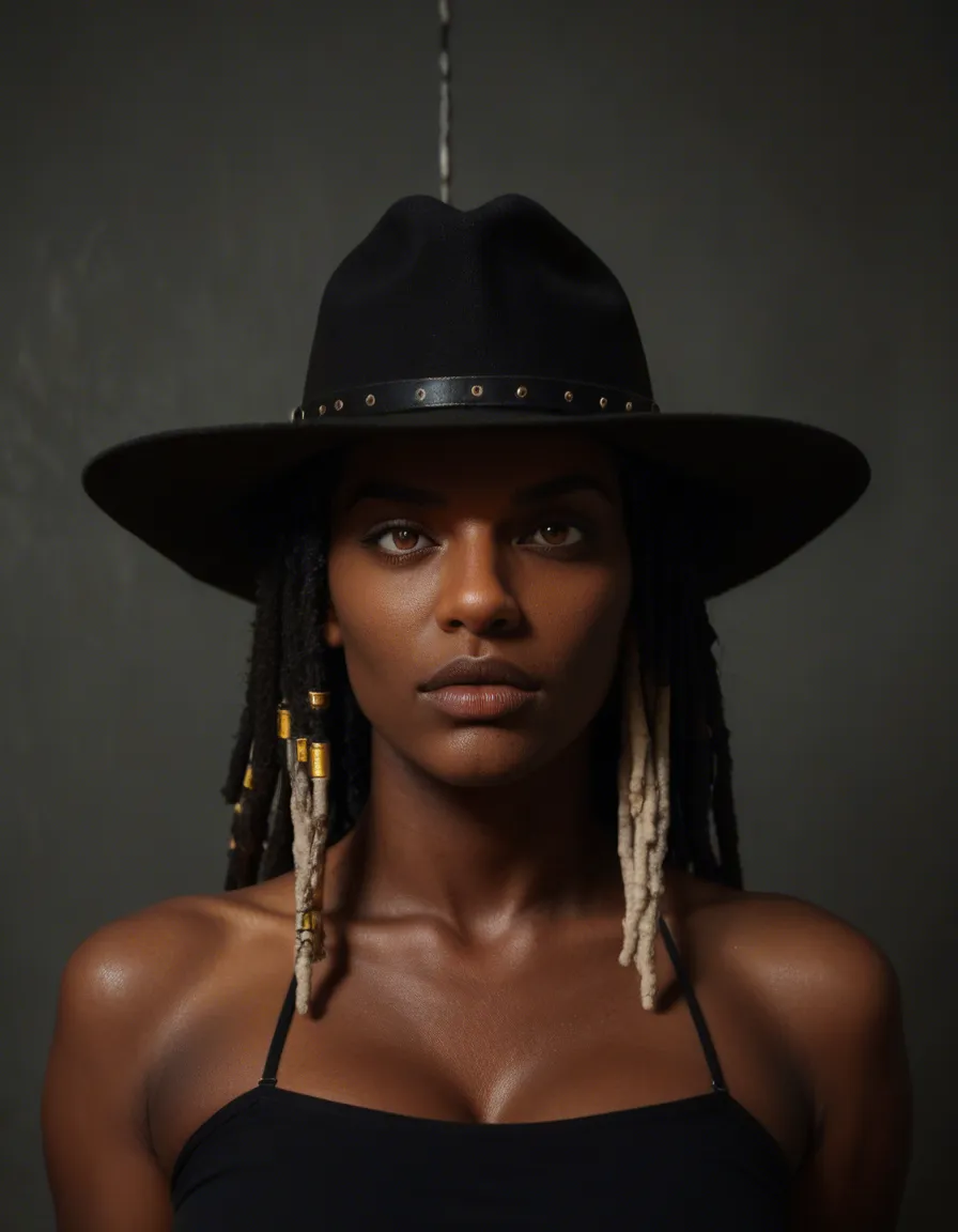 dslr, film grain, photorealistic, succubus, hat, bondage, spotlight, RAW photo, dark skin, dreadlocks, score_9, score_8, candid photo, realistic skin texture, visible skin pores, film grain, depth of field