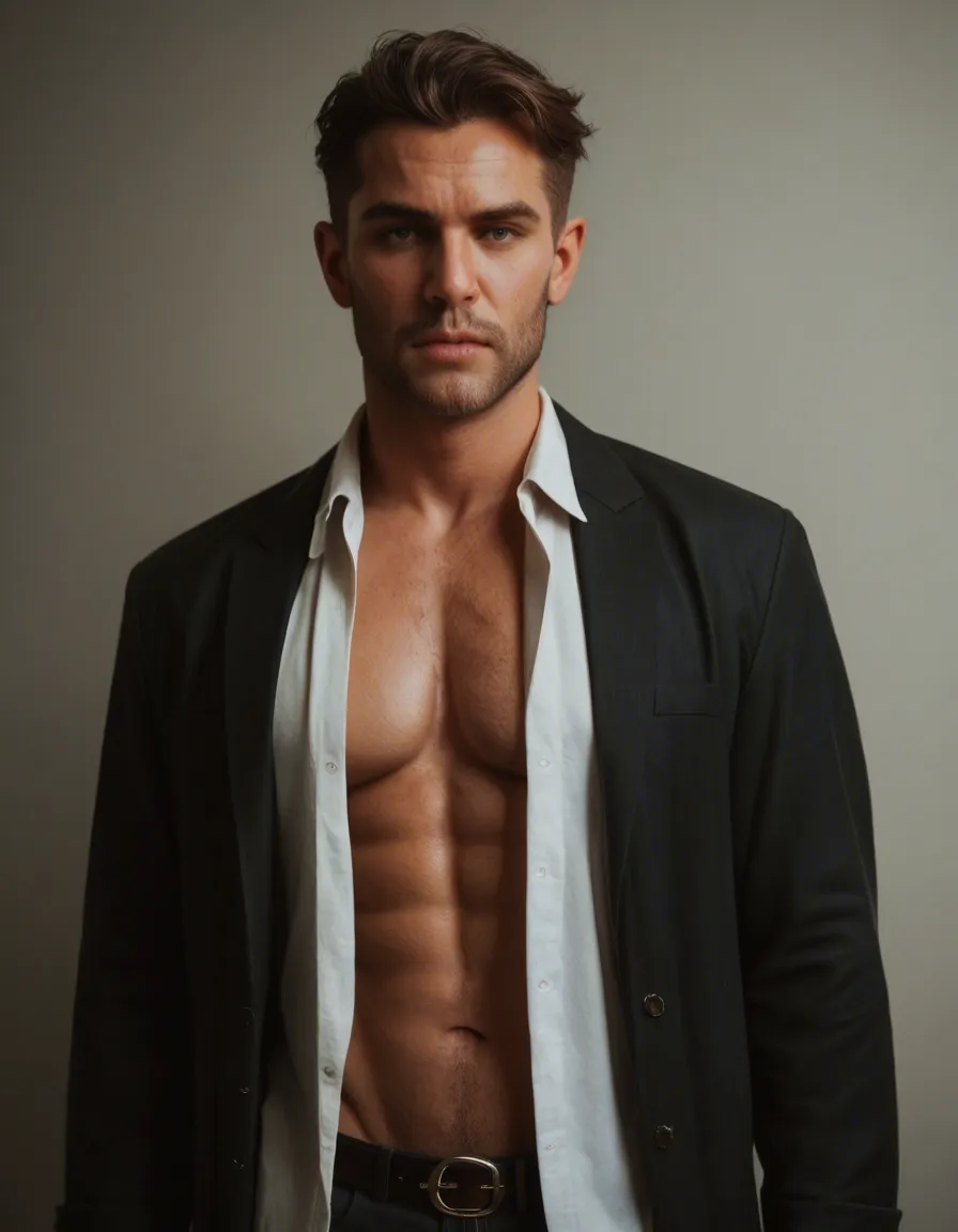8k, sharp focus, detailed skin, 1boy, brown hair, open clothes, bondage, dslr quality, score_9, score_8, candid photo, realistic skin texture, visible skin pores, film grain, depth of field