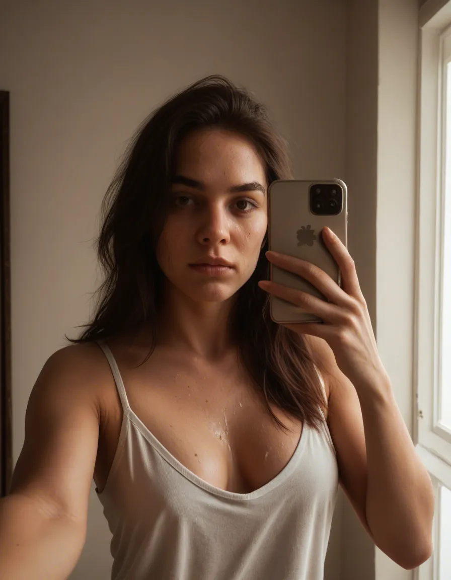 raw photorealistic mirror selfie of a real 21 year
old brunette woman stood in her bedroom, long dark
brown hair slightly messy, natural face with slight
imperfections and realistic skin texture with
pores, soft natural lighting from a window. she is
holding a phone up taking the photo in the mirror
completely topless, natural medium breasts with
soft realistic nipples. wearing a lacey purple thong, white ankle
socks and white Nike trainers. casual relaxed
stance, realistic body proportions, not overly
perfect, shot on iPhone, highly detailed real skin,
8k, photorealistic, no plastic skin, no airbrushed
look, no exaggerated features, no anime, no
cartoon, score_9, score_8, candid photo, realistic skin texture, visible skin pores, film grain, depth of field, score_9, score_8, candid photo, realistic skin texture, visible skin pores, film grain, depth of field, score_9, score_8, candid photo, realistic skin texture, visible skin pores, film grain, depth of field, score_9, score_8, candid photo, realistic skin texture, visible skin pores, film grain, depth of field