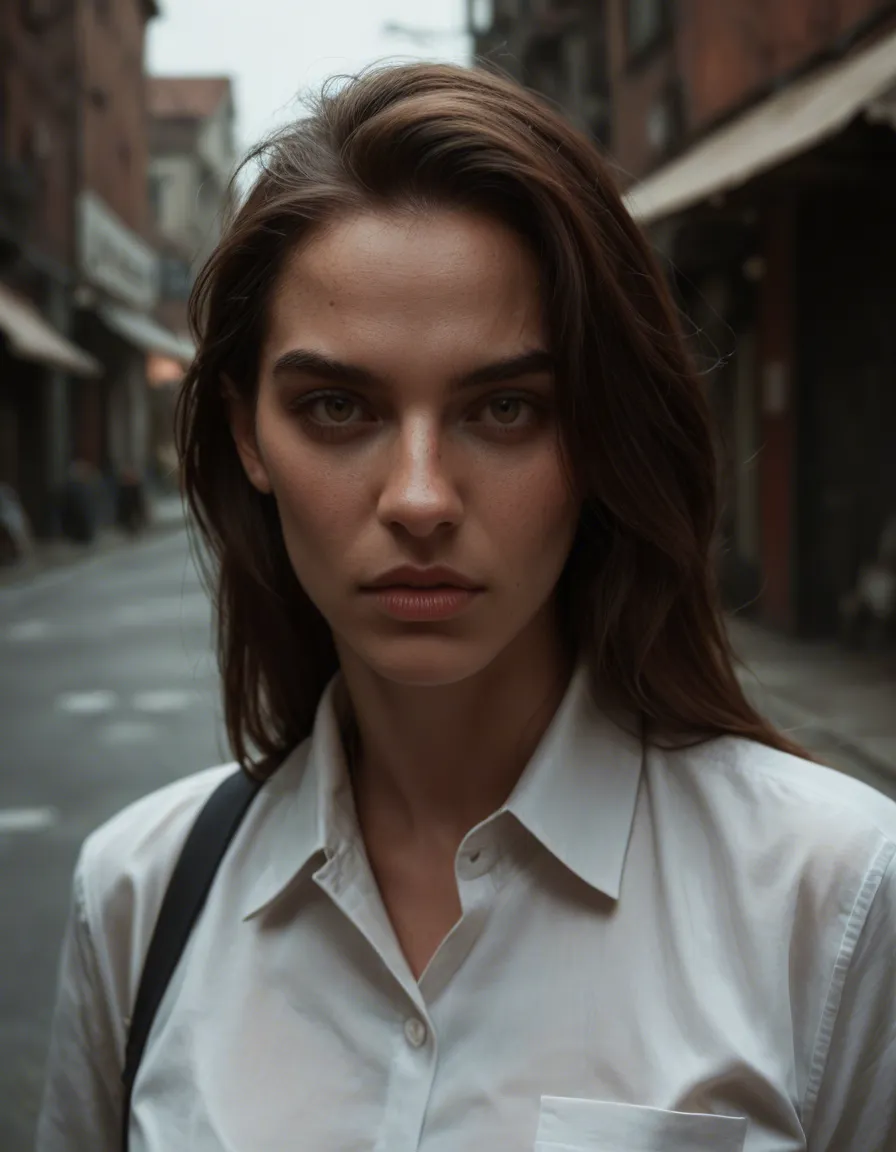 studio quality, sharp focus, solo female, standing, collared shirt, bondage, outdoors, warm tones, film photography, score_9, score_8, candid photo, realistic skin texture, visible skin pores, film grain, depth of field
