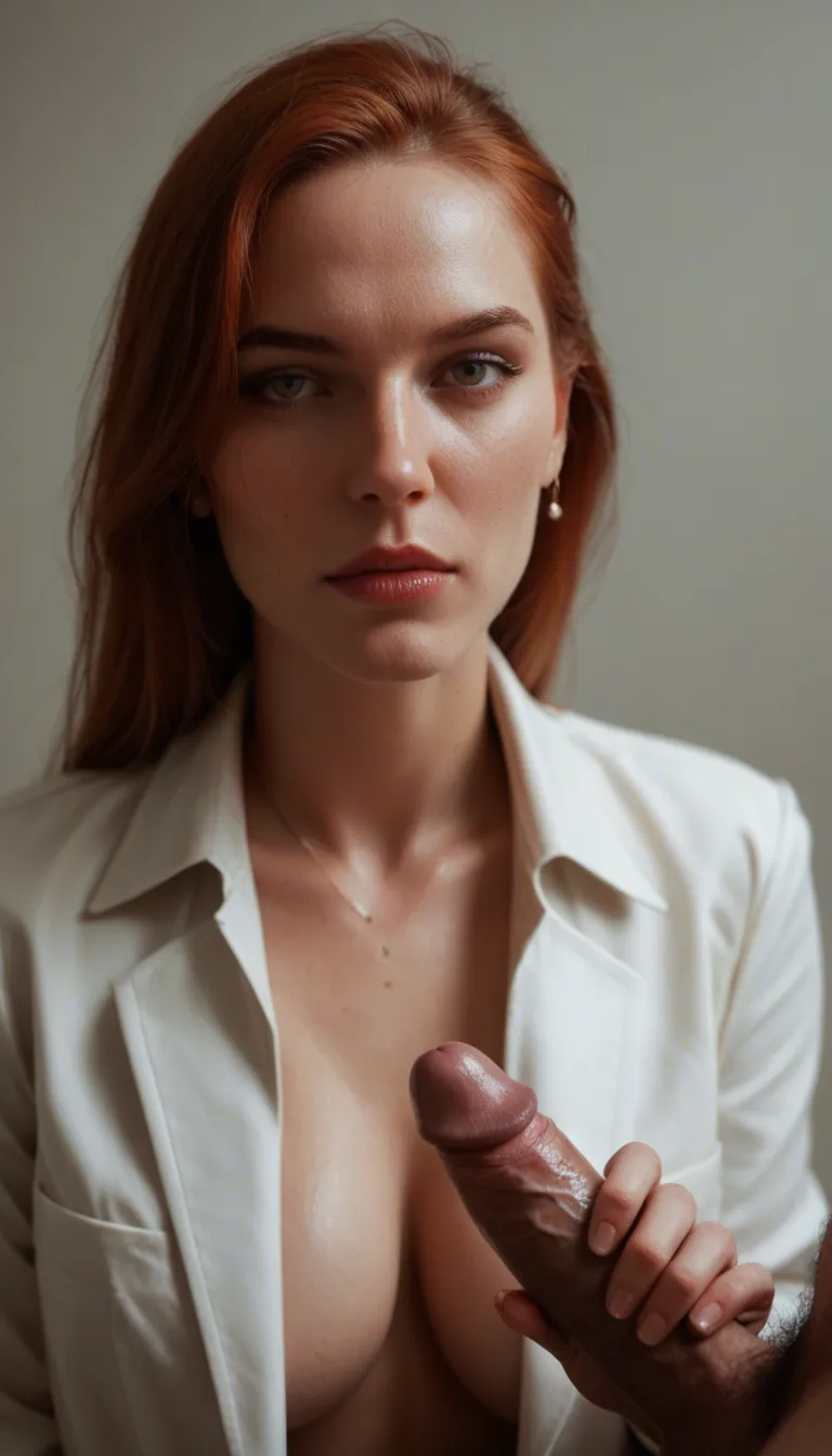 latex secretary, red_hair, 40s, curvy , handjob