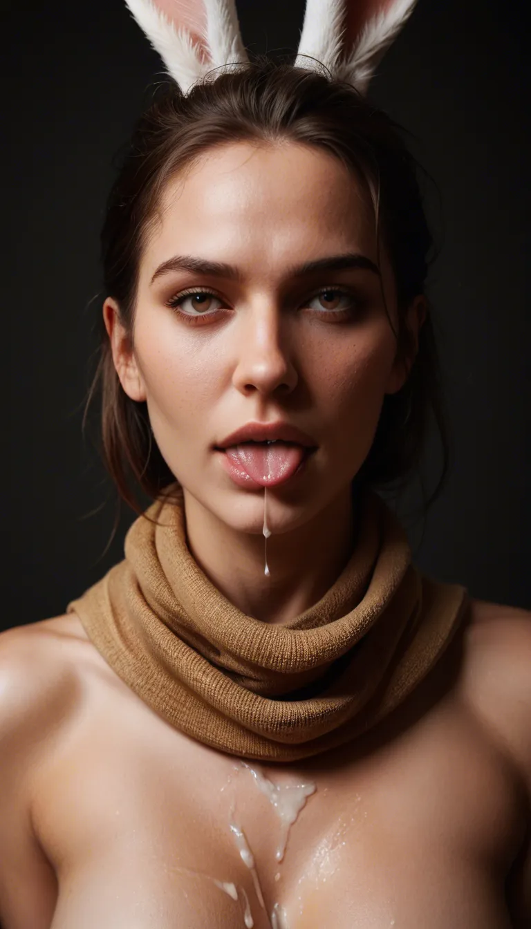 8k, sharp focus, detailed skin, bunny woman, topless, scarf, transparent background, dreamy atmosphere, dslr quality drooling tongue_out cum cum_overflow cum_in_mouth
