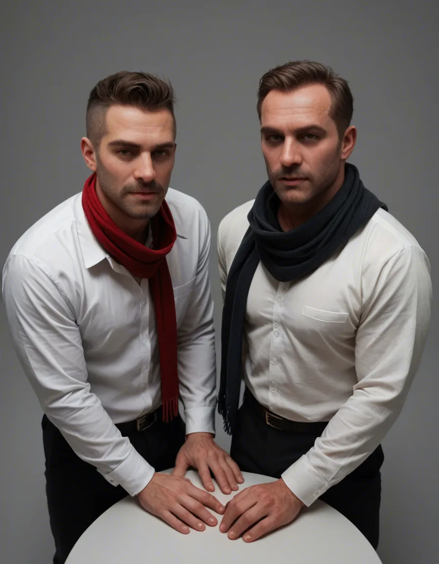 professional photo, high detail, 2boys, scarf, white shirt, bent over, grey background, from above, ambient glow, RAW photo, score_9, score_8, candid photo, realistic skin texture, visible skin pores, film grain, depth of field