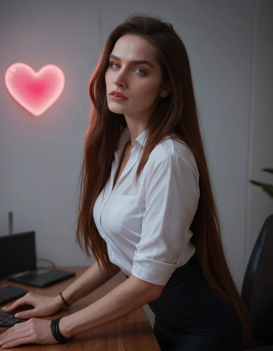 best quality, hyperrealistic, office lady, very long hair, heart, bondage, neon glow, RAW photo, score_9, score_8, candid photo, realistic skin texture, visible skin pores, film grain, depth of field