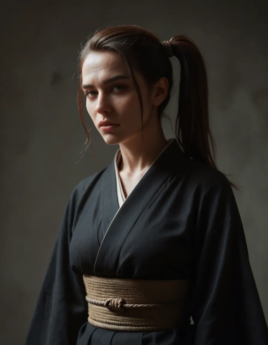 8k, sharp focus, detailed skin, witch, side ponytail, japanese clothes, bondage, volumetric light, lifelike render, score_9, score_8, candid photo, realistic skin texture, visible skin pores, film grain, depth of field