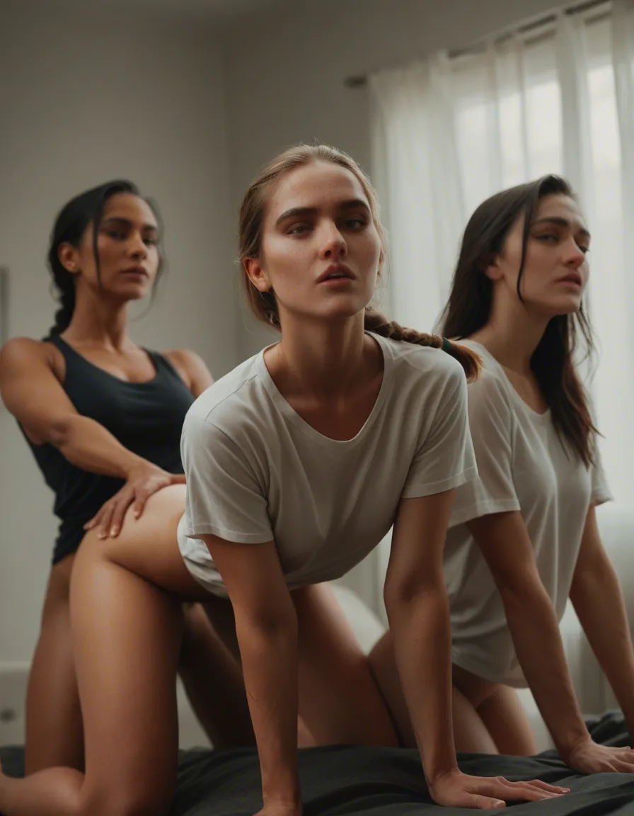 studio quality, sharp focus, 4girls, braid, shirt, doggy style, natural skin texture, score_9, score_8, candid photo, realistic skin texture, visible skin pores, film grain, depth of field