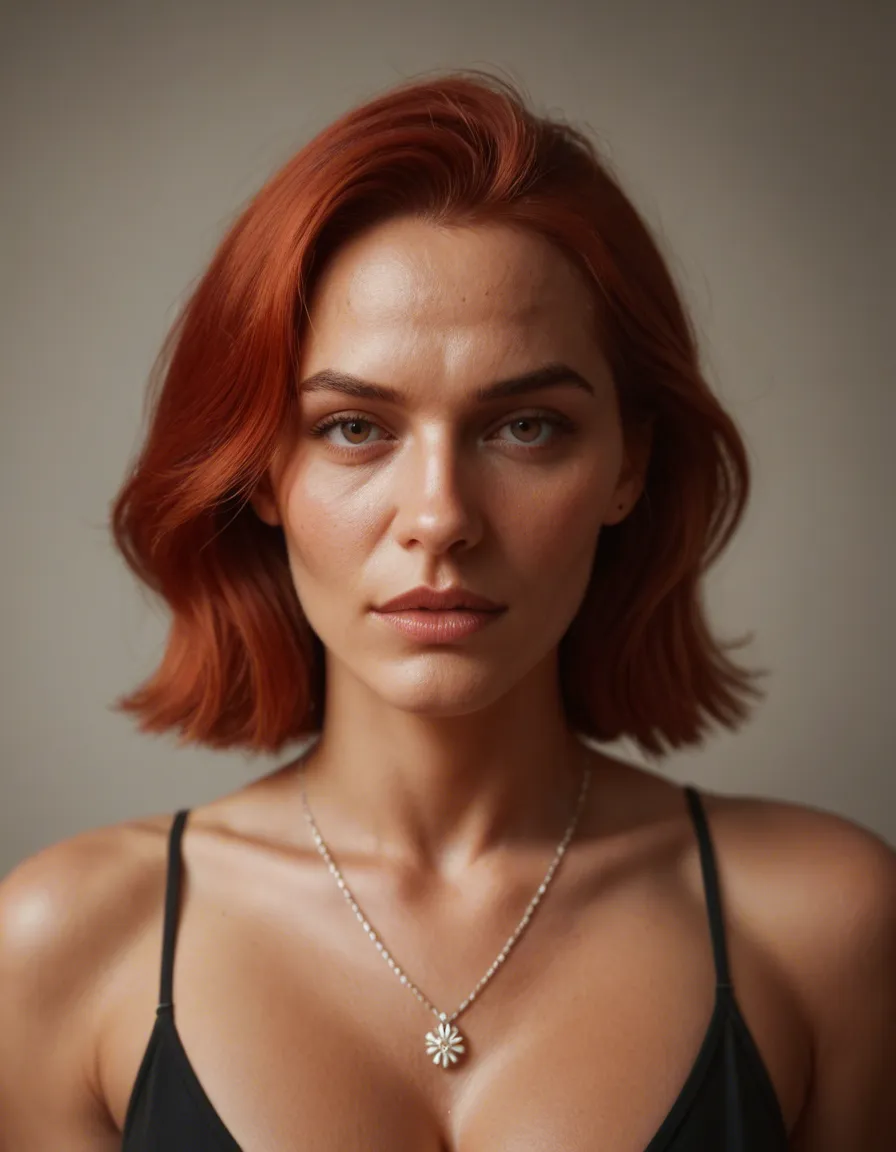 ultra HD, lifelike, red head, smalls tits, milf,, score_9, score_8, candid photo, realistic skin texture, visible skin pores, film grain, depth of field