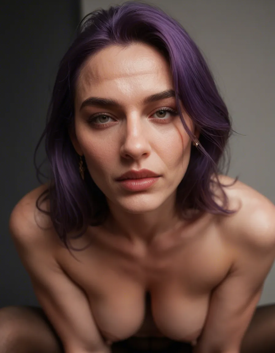 sharp focus, 8k uhd, mature female, purple hair, pantyhose, fully nude, film photography, score_9, score_8, candid photo, realistic skin texture, visible skin pores, film grain, depth of field