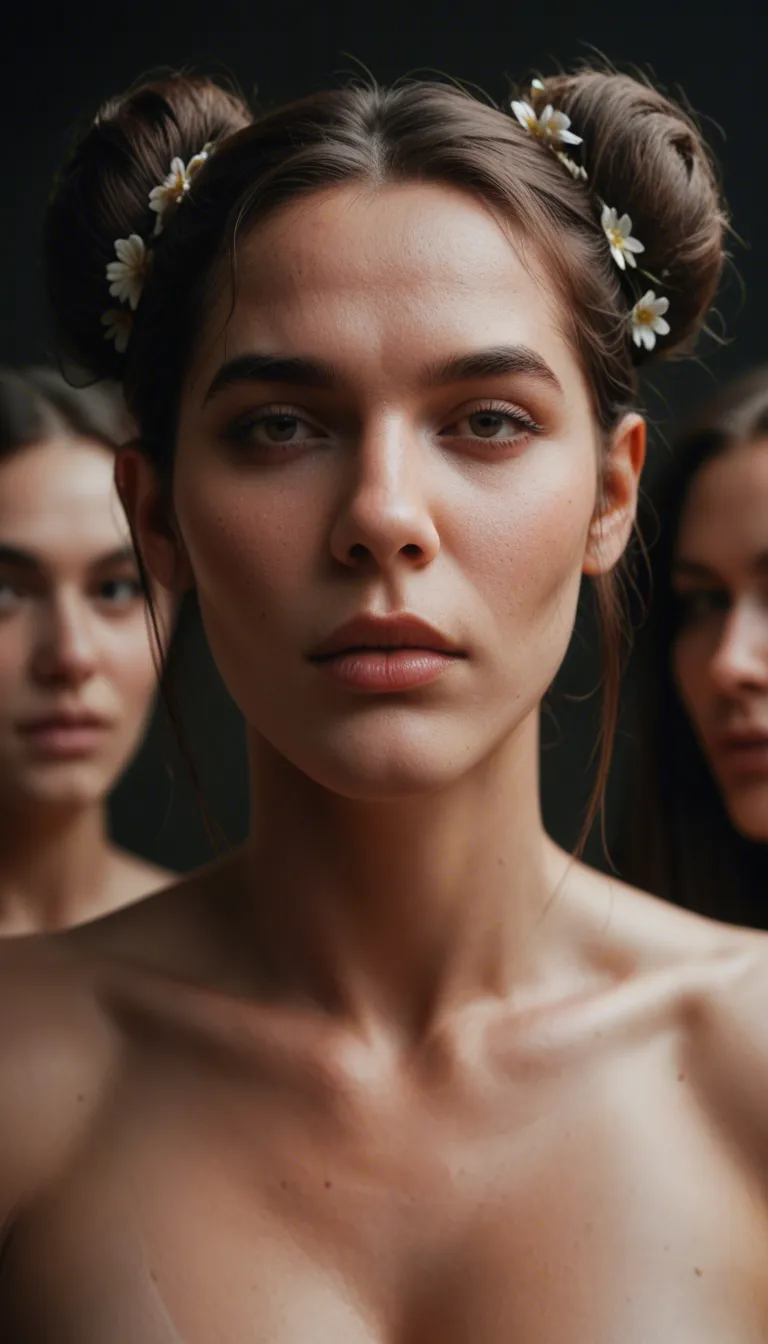 ultra HD, lifelike, 3girls, double bun, flower, arching back, RAW photo