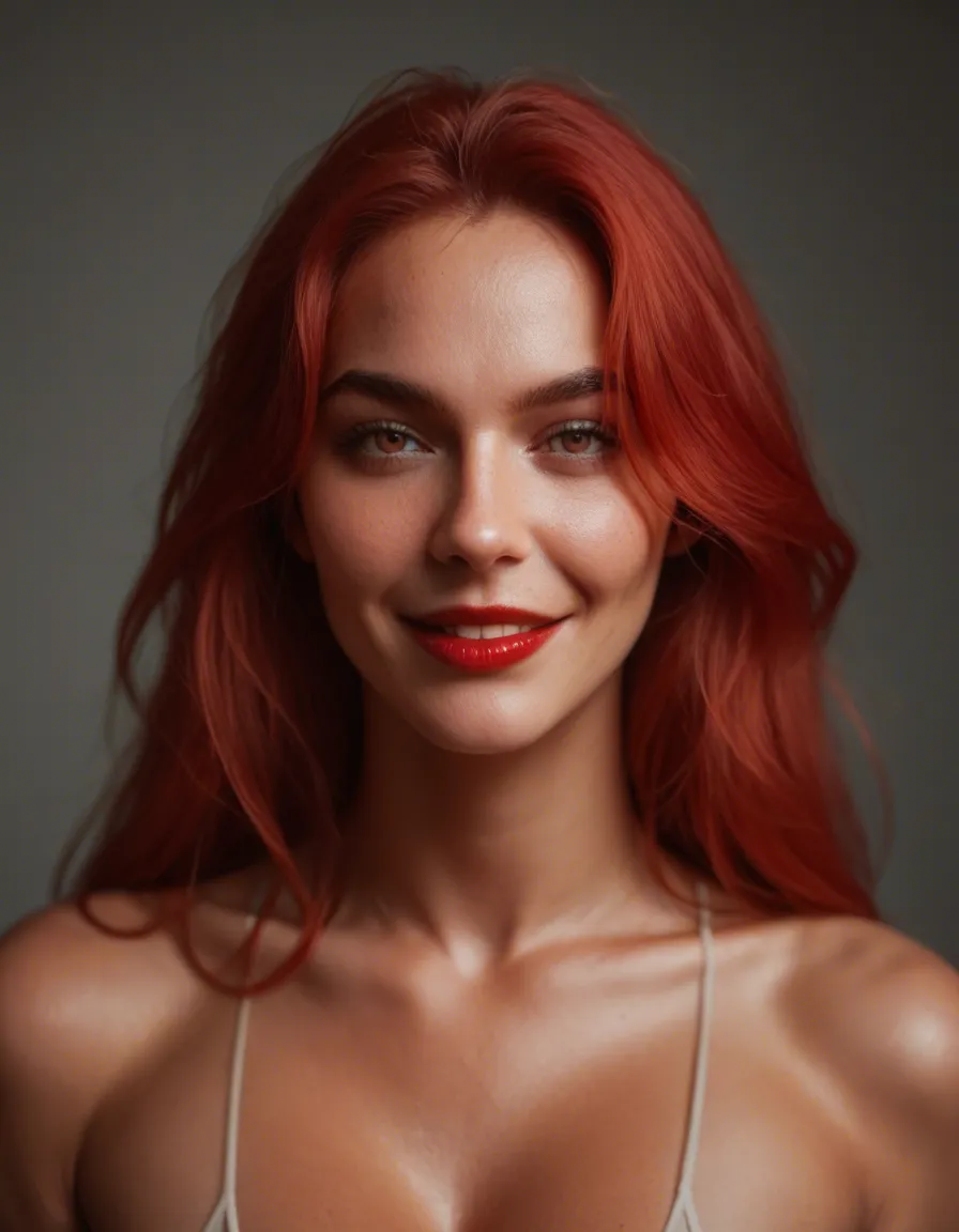 long red hair, tan pantyhose , curvy , smile red lips, score_9, score_8, candid photo, realistic skin texture, visible skin pores, film grain, depth of field, score_9, score_8, candid photo, realistic skin texture, visible skin pores, film grain, depth of field