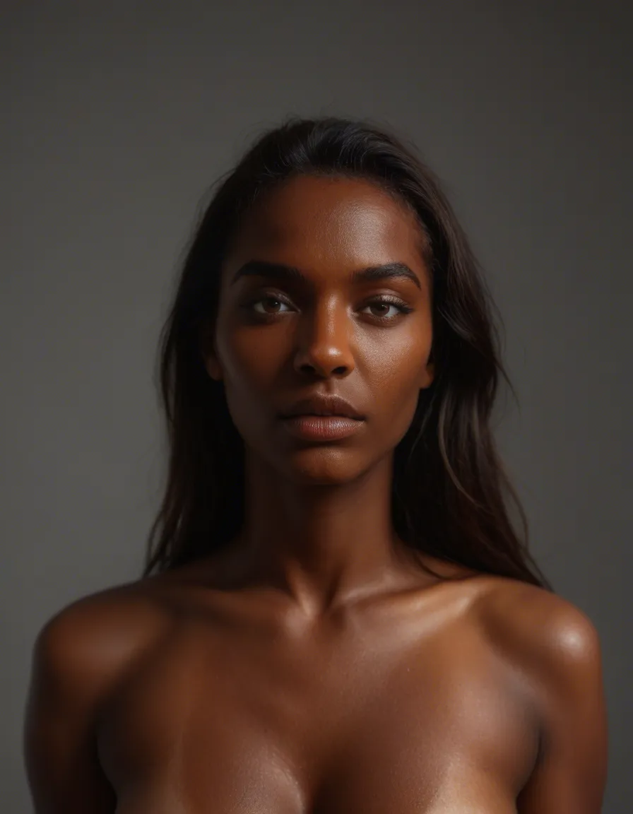 cinematic photo, 8k, 1other, dark skin, tail, presenting, wide shot, ambient glow, 8k uhd photo, score_9, score_8, candid photo, realistic skin texture, visible skin pores, film grain, depth of field