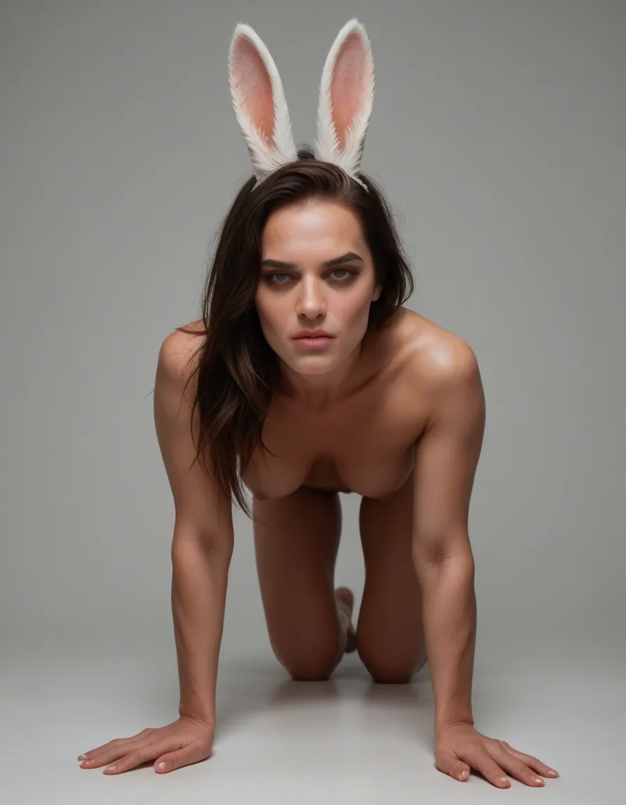 best quality, hyperrealistic, bunny woman, on all fours, hourglass figure, transparent background, dominant stare, film photography, score_9, score_8, candid photo, realistic skin texture, visible skin pores, film grain, depth of field