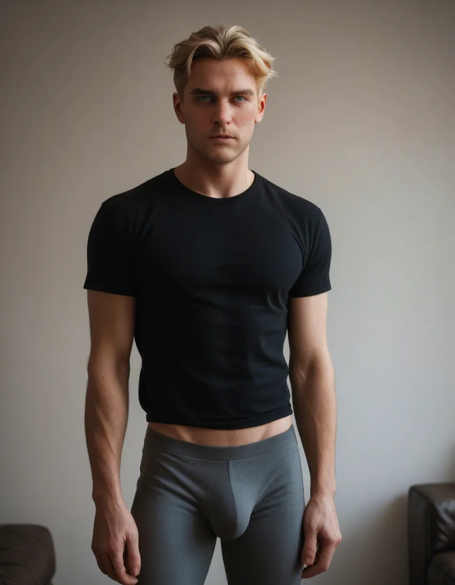 best quality, hyperrealistic, 1boy, blonde_hair , blue_eyes , freckles , slim body, no_shirt, no hair, tall 1.85 cm, 18yo, shy, bulge, score_9, score_8, candid photo, realistic skin texture, visible skin pores, film grain, depth of field