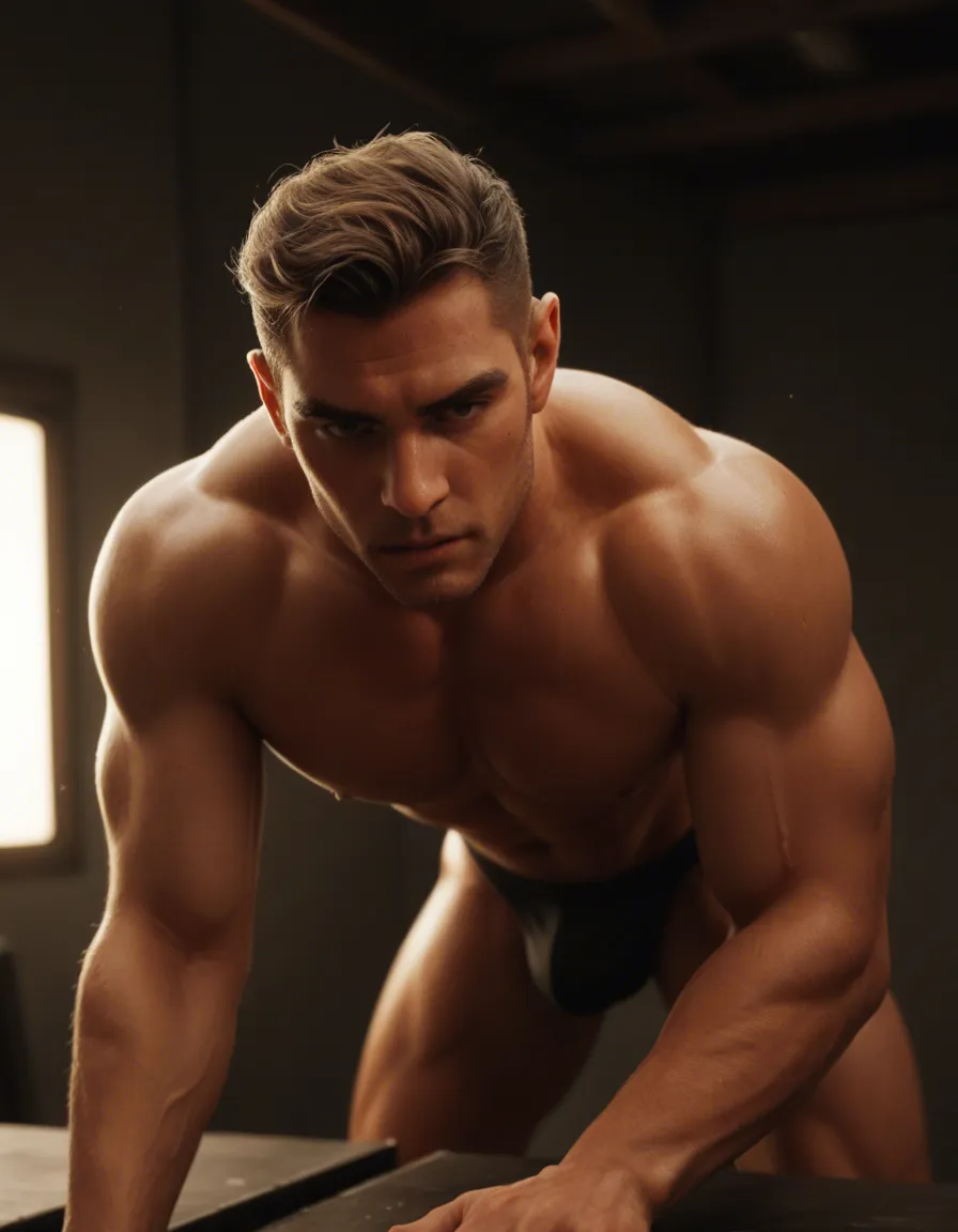 8k, gay, male_focus, fitness doggy style, dramatic lighting, film photography, score_9, score_8, cinematic film still, anamorphic, film grain, dramatic lighting, shallow depth of field