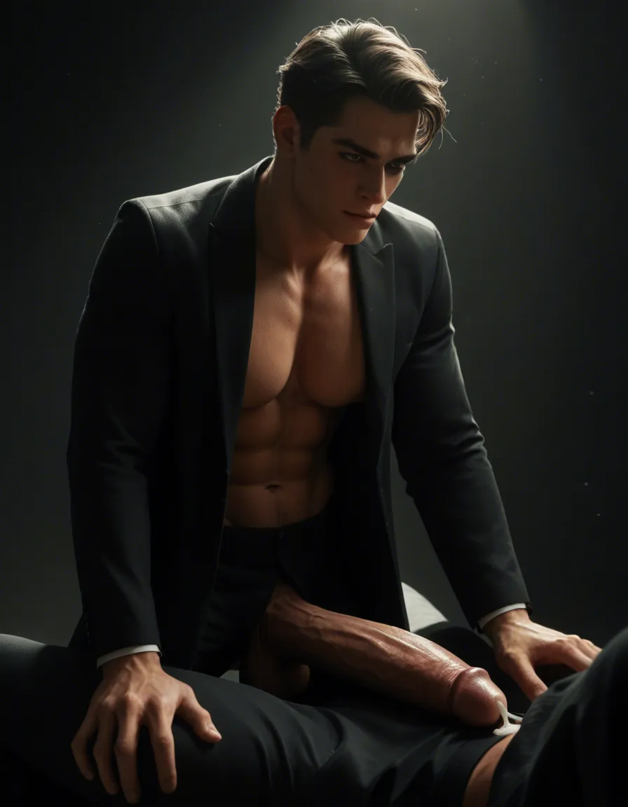 8k, gay, black suit, black pants, penis out of pants, fitness, doggy style, gigantic penis, cumshot, dramatic lighting, film photography, score_9, score_8, cinematic film still, anamorphic, film grain, dramatic lighting, shallow depth of field, score_9, score_8, candid photo, realistic skin texture, visible skin pores, film grain, depth of field, score_9, score_8, candid photo, realistic skin texture, visible skin pores, film grain, depth of field