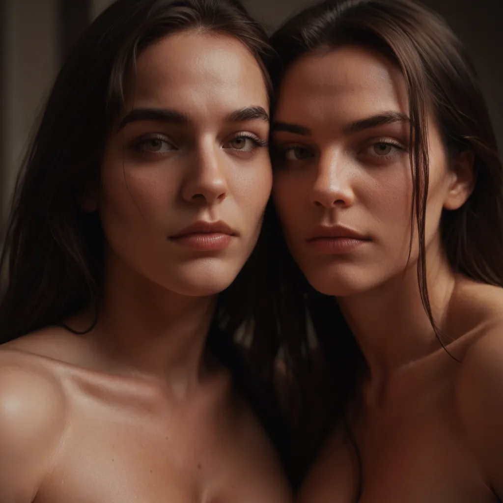 8k, sharp focus, detailed skin, multiple girls, cleavage, tail, seductive gaze, fully nude, close-up, moonlight, photorealistic