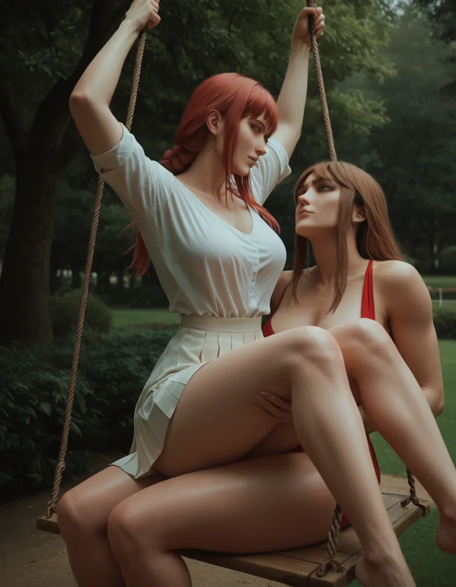 @palutena , @makima_(chainsaw_man) , 2women yuri sex , 1woman long brown hair, small heart shaped face, blue eyes, head_tilt back. on swing set in park, swing up, swinging forward, legs lifting skirt to show no panties, large labia, female_pubic_hair , shirt open to see pert breasts, erect nipples, silver lace sandals, 1woman, blue hair, no panties , hugging, masturbation , vibrator,, score_9, score_8, 3d render, octane render, subsurface scattering, ray tracing, smooth shading, score_9, score_8, 3d render, octane render, subsurface scattering, ray tracing, smooth shading