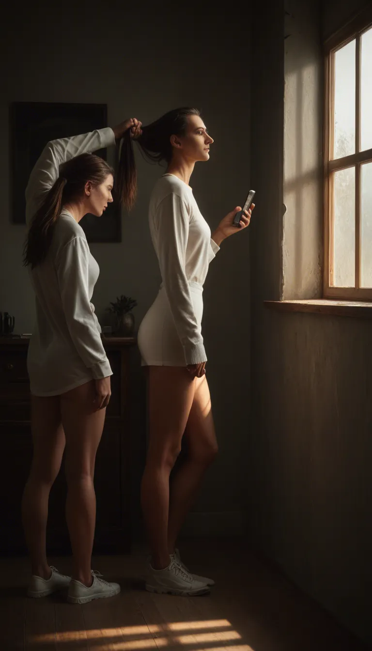 sharp focus, 8k uhd, 3women, white footwear, long sleeves, hair pull, window, wide shot, cinematic realism