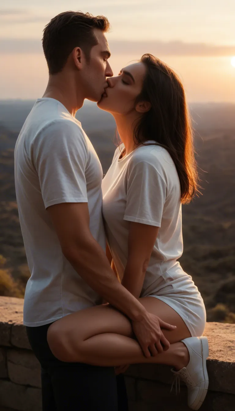 highly detailed, natural lighting, brunette woman, white footwear, white shirt, kissing, orgasm, sky, cool tones, cinematic realism