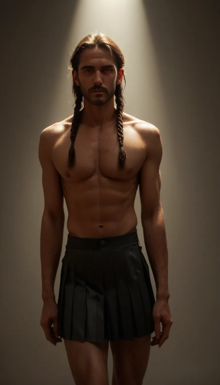 studio quality, sharp focus, male focus, twin braids, pleated skirt, fully nude, soft lighting, dslr quality, score_9, score_8, candid photo, realistic skin texture, visible skin pores, film grain, depth of field