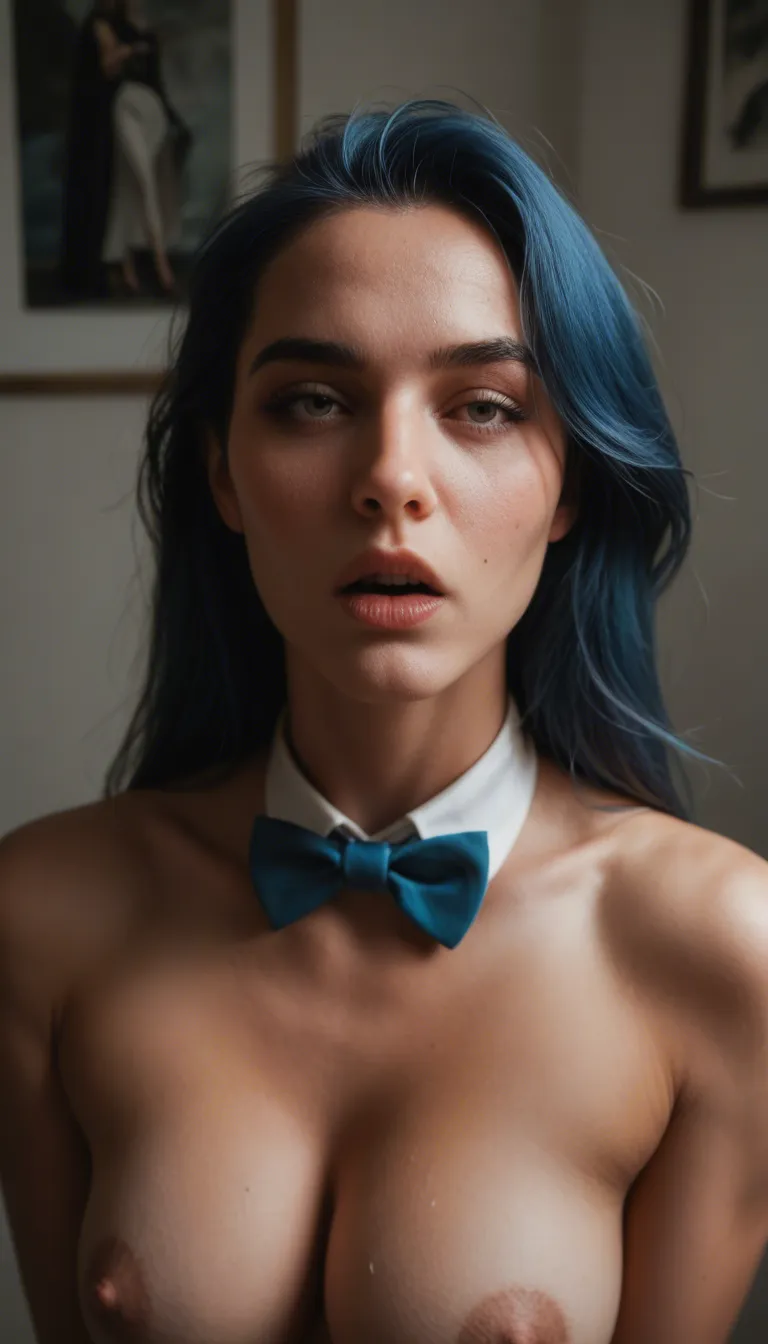 sharp focus, 8k uhd, 1woman, blue hair, bowtie, orgasm, studio lighting, 8k uhd photo_(object)