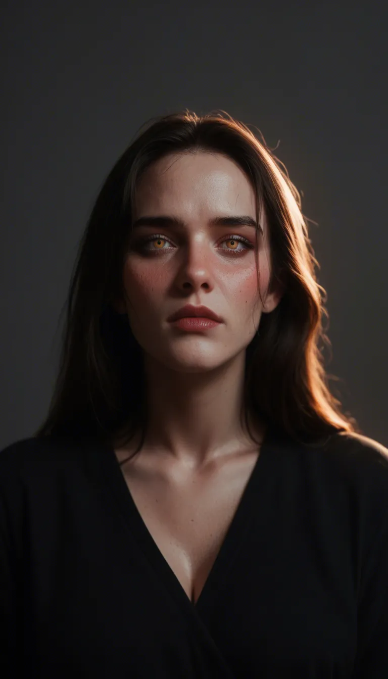 ultra HD, lifelike, demon girl, teasing, mole, grey background, nervous blush, cinematic realism