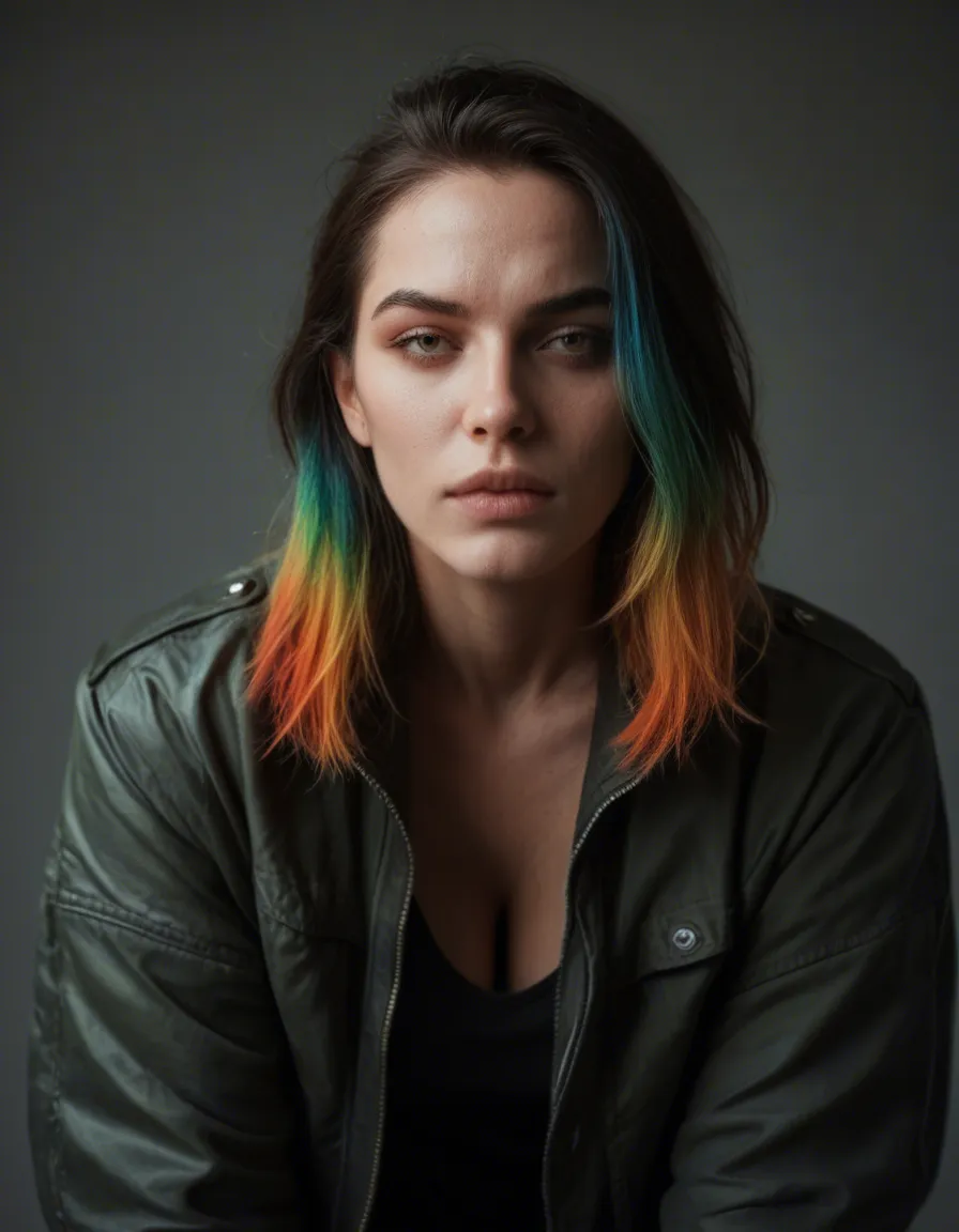 RAW photo, ultra realistic, 3women, multicolored hair, jacket, doggy style, ambient glow, 8k uhd photo, score_9, score_8, candid photo, realistic skin texture, visible skin pores, film grain, depth of field