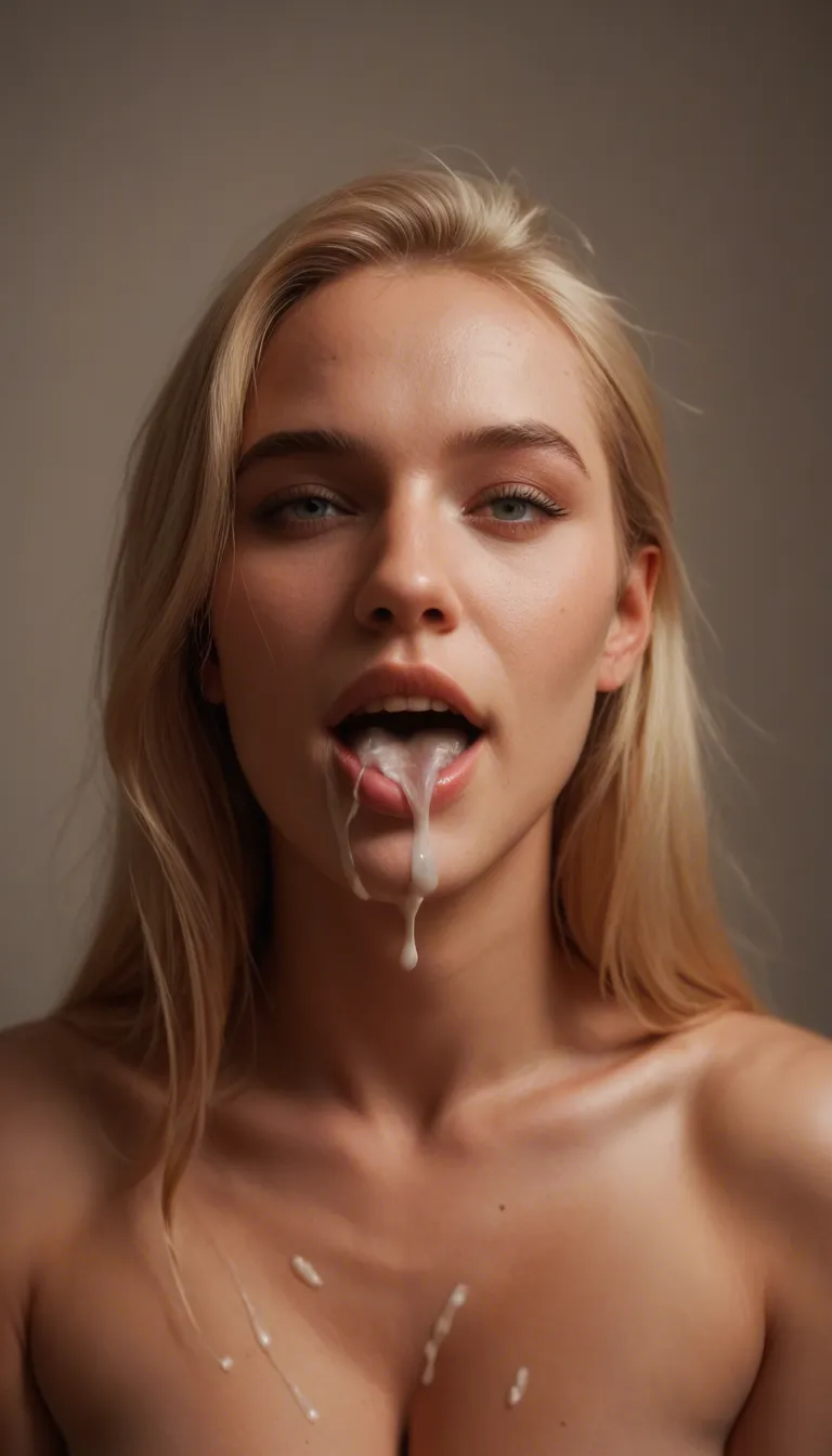 beautiful woman, blond hair, happy, mouth open full of cum, she gulps closing mouth and then she shows her mouth open_mouth empty