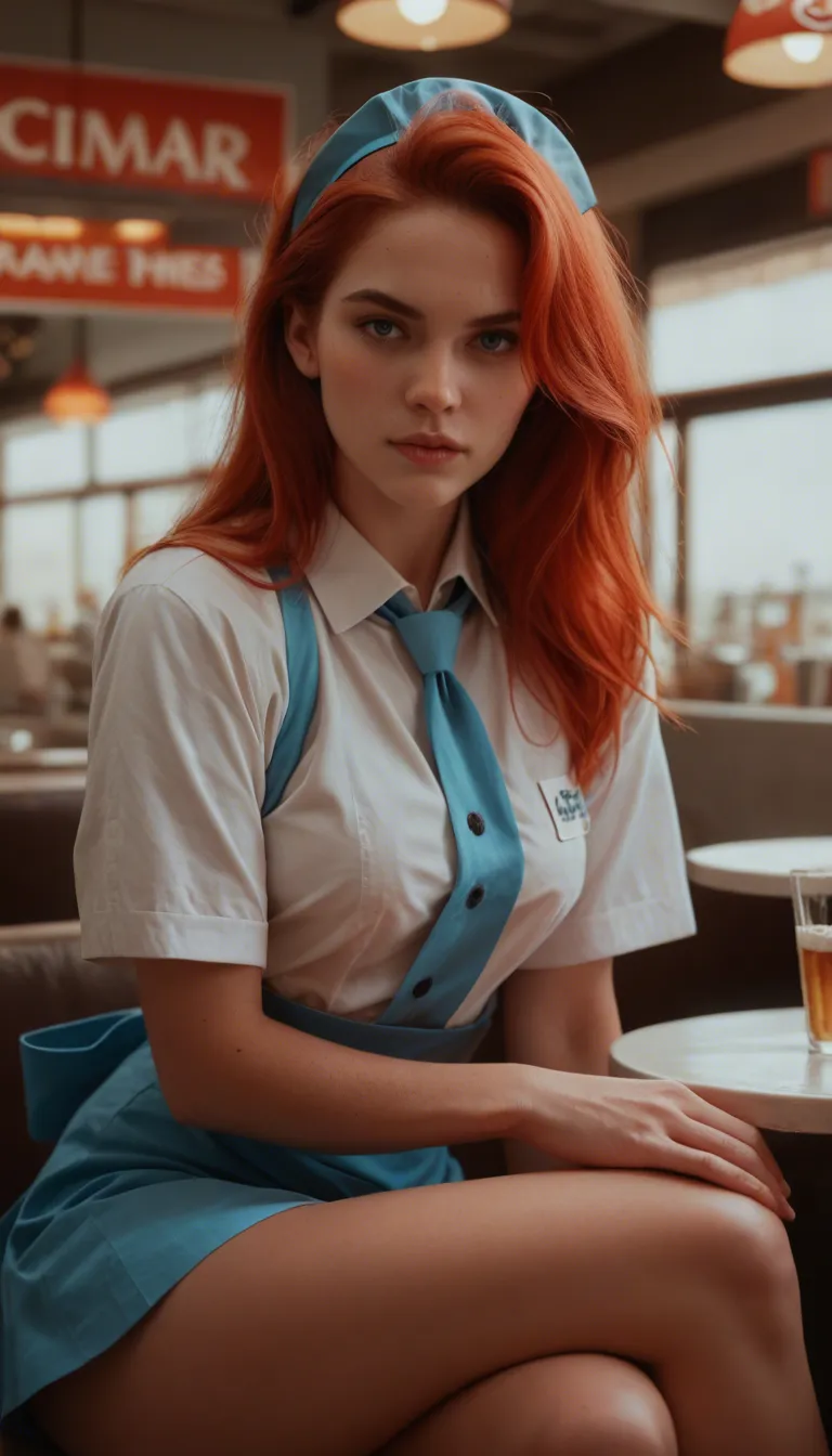 8k, sharp focus, a sexy red hair young woman dressed like a waitress in a blue outift with a waitress hair band sitting crossed legged on a diner counter with a diner background giving a handjob to one standing man who is in frame and ejaculating cum on her clothes