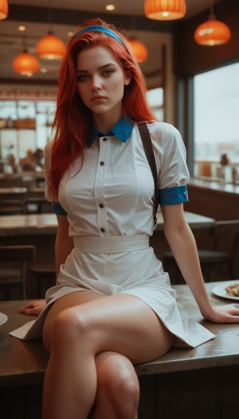 8k, sharp focus, a sexy red hair young woman dressed like a waitress in a blue outift with a waitress hair band sitting crossed legged on a diner counter with a diner background giving a handjob to one standing man who is in frame and is squirting cum from his dick on her clothes, the woman should not have a dick