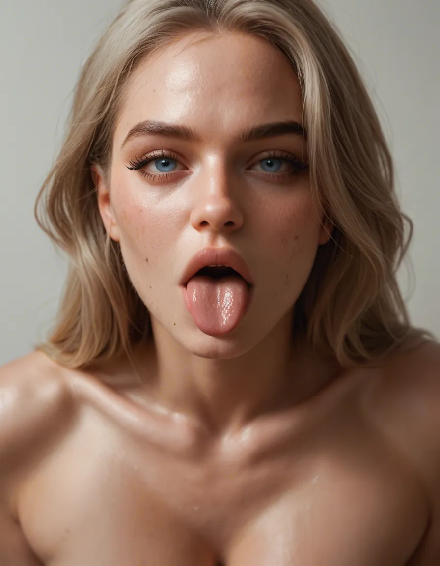 Dirty blonde, slight brunette, curvy body with massive tits, medium size ass .blue eyes, average face long lashes, moaning tongue out, nut on tits, eyes cute., score_9, score_8, candid photo, realistic skin texture, visible skin pores, film grain, depth of field
