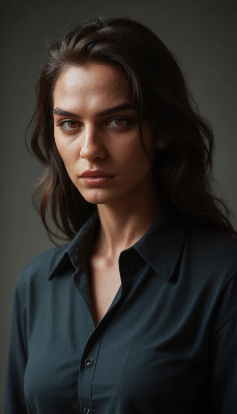8k, sharp focus, detailed skin, demon woman, collared shirt, grinding, lifelike render