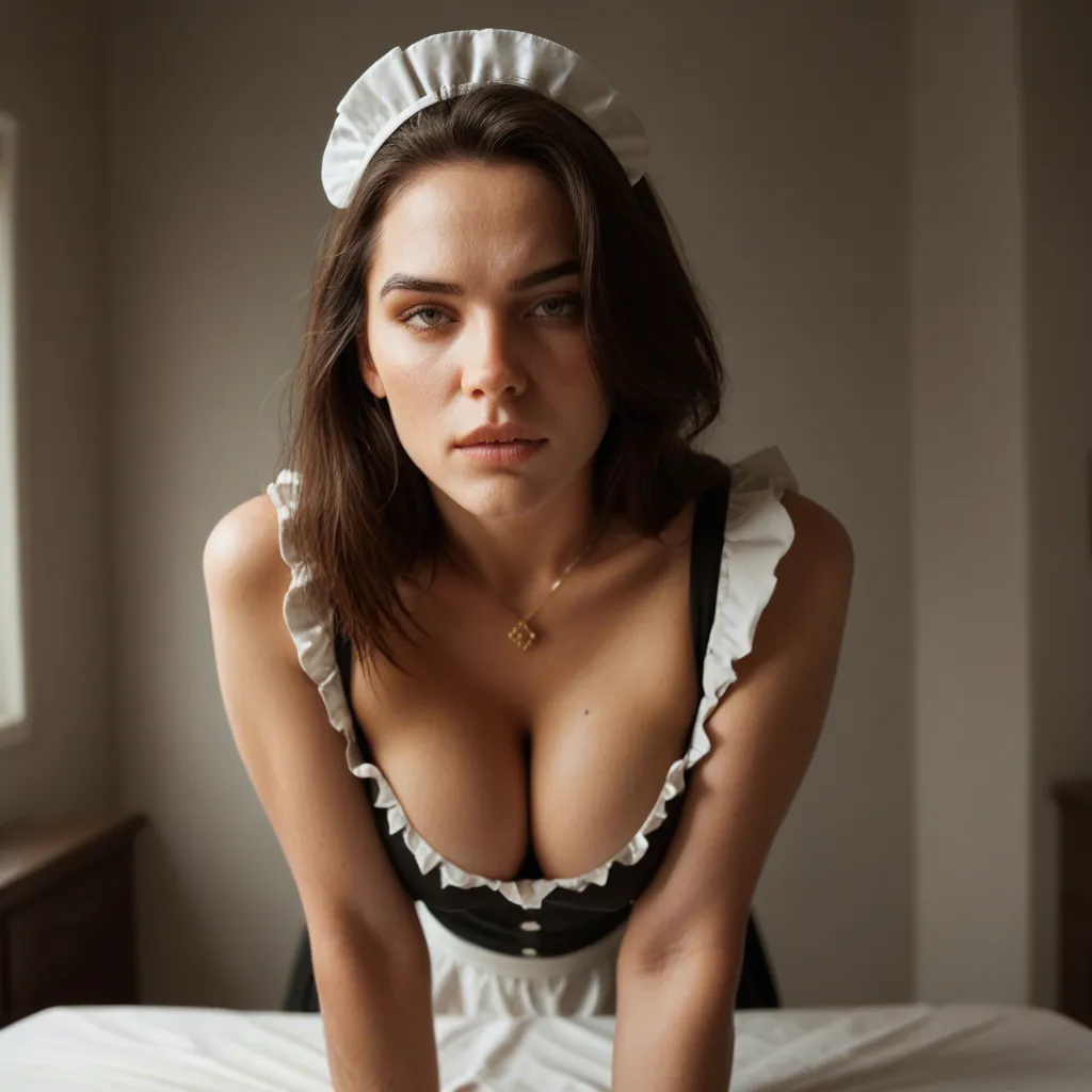 studio quality, sharp focus, maid, large breasts, jewelry, bent over, POV, golden hour, natural skin texture