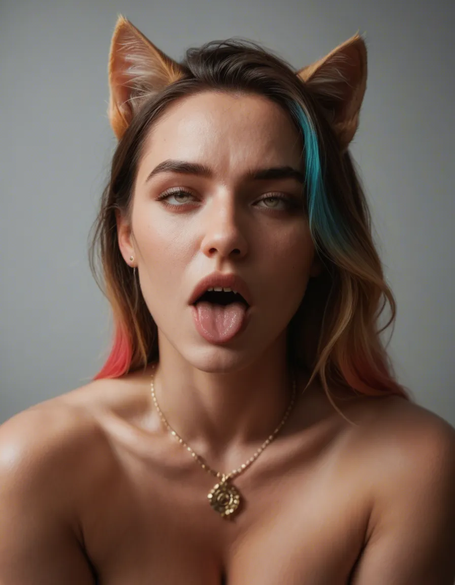 cinematic photo, 8k, catgirl, two-tone hair, jewelry, ahegao, dslr quality, score_9, score_8, candid photo, realistic skin texture, visible skin pores, film grain, depth of field