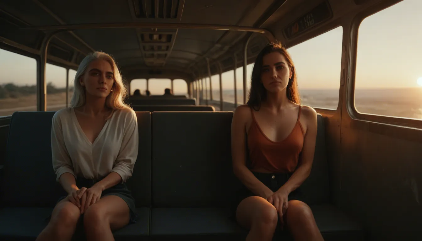Two persons sits next to each other on bus seats, A close-up centred photo captures a skinny and petite cute 18 years old woman that sits on a bus seat with her hand on the next person's cock, with long perfect dark hair, the image is captured from the front, she sits next to a old man with with shirt and no pants, she looks towards the man's next to her as he is with his erect penis and catches her attention, his dick is attached to his waist and is flaccid but large, her hand has a big diamond ring on her finger that shines super bright as she grabs the base of the penis ,
the women has black corset and shorts,
amateur quality, low resolution, candid style, l3n0v0. underexposed outdoor scene, old phone quality, blurred from camera shake.
This medium close-up shot is lit by a harsh camera flash in a dark area.