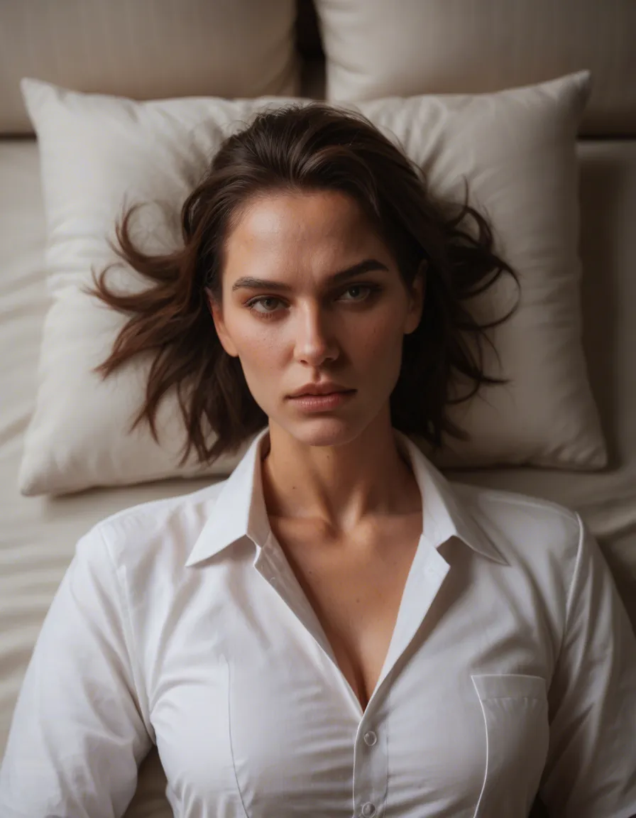 8k, sharp focus, detailed skin, maid, collarbone, collared shirt, futanari, pillow, three-quarter view, hyperrealistic, score_9, score_8, candid photo, realistic skin texture, visible skin pores, film grain, depth of field