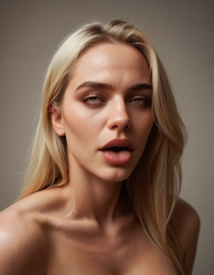 best quality, hyperrealistic, demon woman, blonde hair, official alternate costume, ahegao, cinematic realism, score_9, score_8, candid photo, realistic skin texture, visible skin pores, film grain, depth of field
