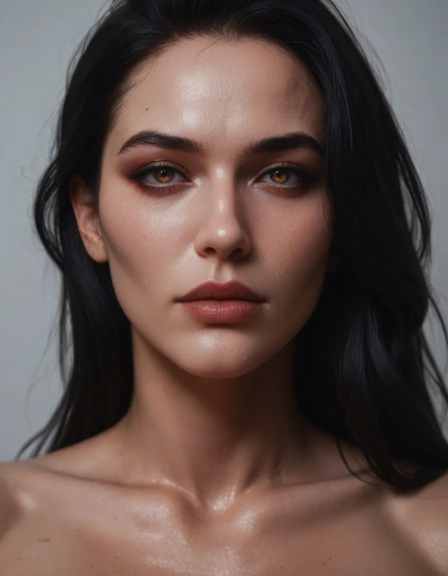 Create a highly realistic cinematic portrait of an entirely fictional South Korean woman nude aged 32–38. She has long, straight, glossy black hair, luminous porcelain-fair skin with natural texture, striking dark eyes, refined facial features, and a beautiful, confident, alluring expression. Her physique is slim and graceful, with a naturally proportionate figure and medium-to-full breasts. Use elegant posture, subtle movements, realistic anatomy, soft cinematic lighting, detailed hair strands, lifelike skin shading, and tasteful fitted clothing that complements her silhouette. Maintain consistent facial features and body proportions across every shot. Do not resemble any real person or include identifying personal information anywhere., score_9, score_8, candid photo, realistic skin texture, visible skin pores, film grain, depth of field, score_9, score_8, candid photo, realistic skin texture, visible skin pores, film grain, depth of field