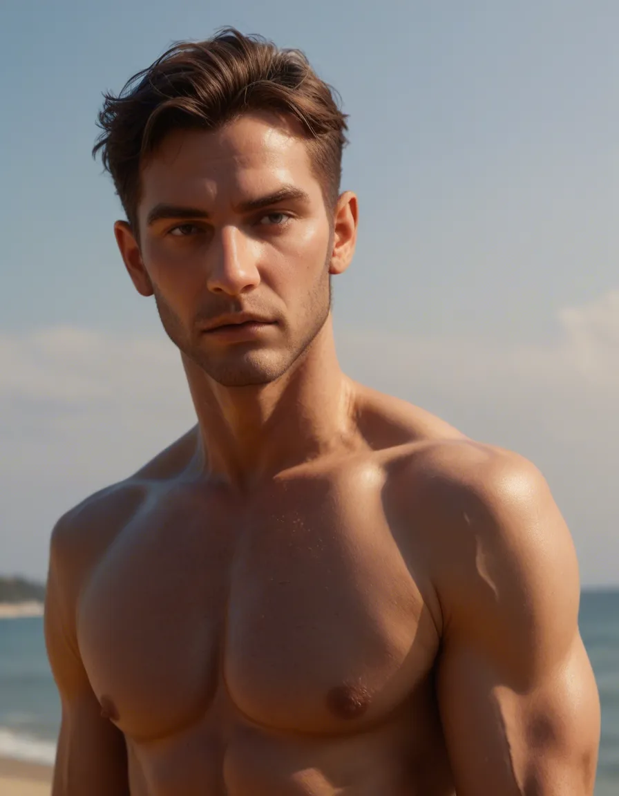 studio quality, sharp focus, 1boy, bare arms, puffy sleeves, fully nude, day, dutch angle, hyperrealistic, score_9, score_8, candid photo, realistic skin texture, visible skin pores, film grain, depth of field