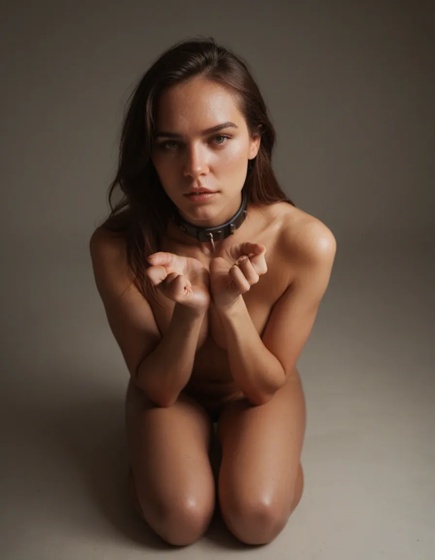 Woman naked,on hands and knees, wearing a collar, score_9, score_8, candid photo, realistic skin texture, visible skin pores, film grain, depth of field