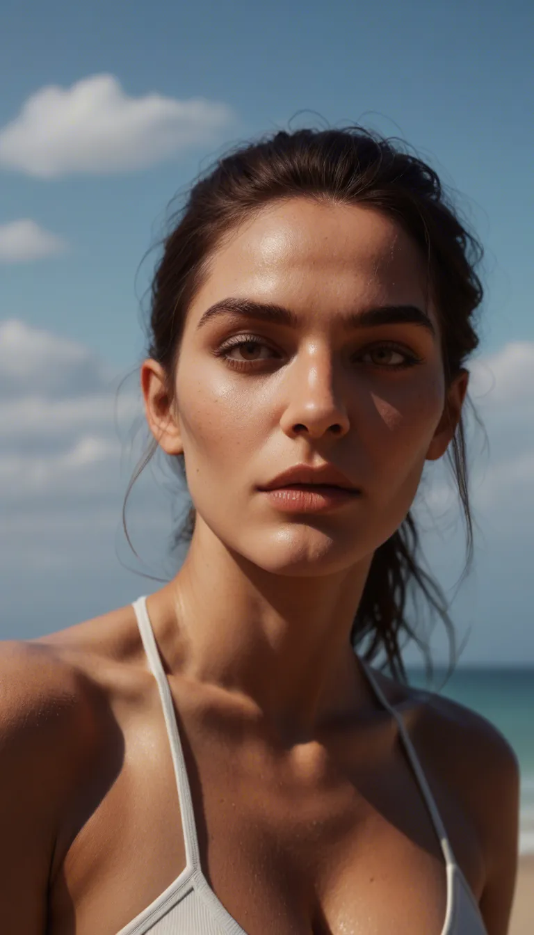 Ultra-photorealistic cinematic outdoor sports photograph, 85mm lens look, true 8K detail, crisp micro-contrast, subtle natural film grain, realistic skin texture, dark skin, 
masterpiece, ultra-detailed, photo-realistic, 
photo of one naked woman.  south asian look,  epicanthal fold, almond eyes,
dark skin,  carrying a small black woolen shopping net in her hand, 
walking along a tropical beach, 
(tall, slim, long thin legs, athletic bodies:1.5), large breasts,  
view from front ,
medium black bobcut, messy hair, wind in hair, fully nude, pubic hair  , small detailed feet, five toes,  
looking towards sea, , 
 Quiet, contemplative, serene, slightly melancholic. friendly face, 
High resolution, sharp focus on subject, shallow depth of field blurring background.
very bright direct light, detailed skin, crisp contrasts, 
: Photorealistic, naturalistic, candid portrait.
: Realistic photo. Composed, photographed and rendered to perfection.
pensive expression. calm, introspective, unbothered.,