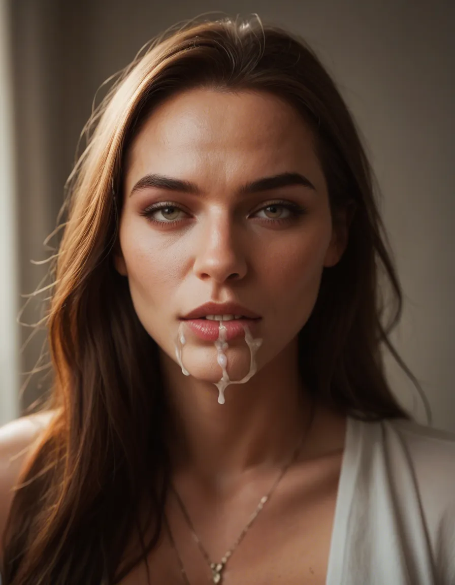sexy mature_female with cum_in_mouth, score_9, score_8, candid photo, realistic skin texture, visible skin pores, film grain, depth of field