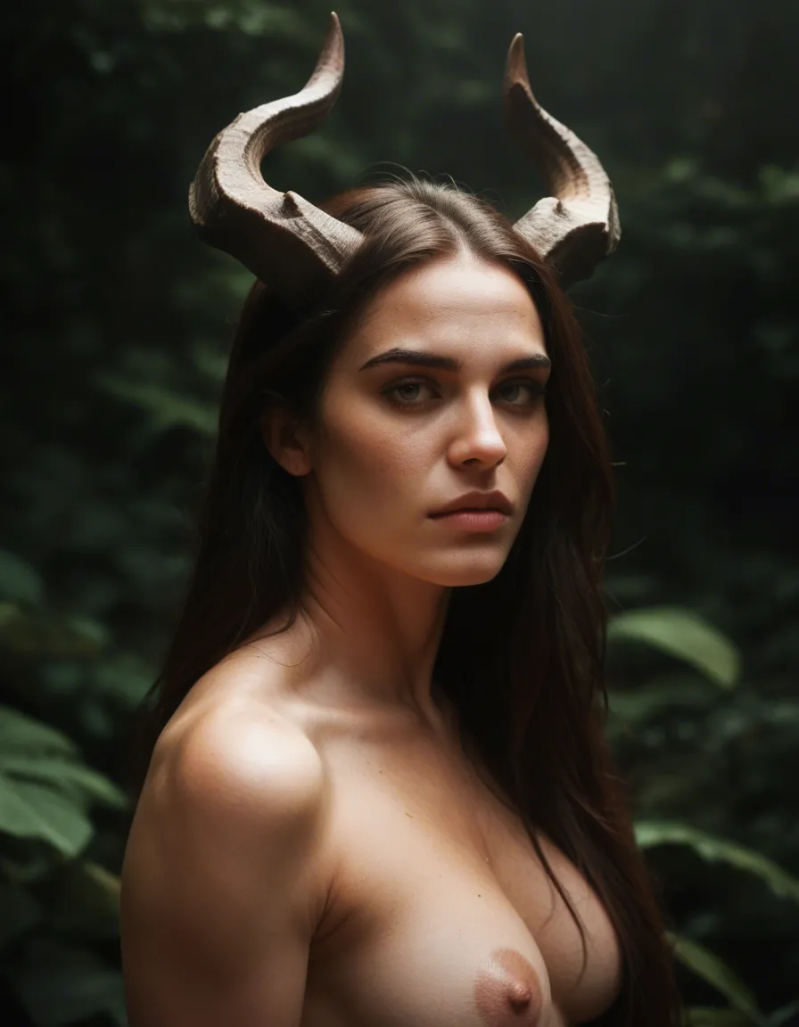 highly detailed, natural lighting, princess, horns, fully nude, RAW photo, score_9, score_8, candid photo, realistic skin texture, visible skin pores, film grain, depth of field