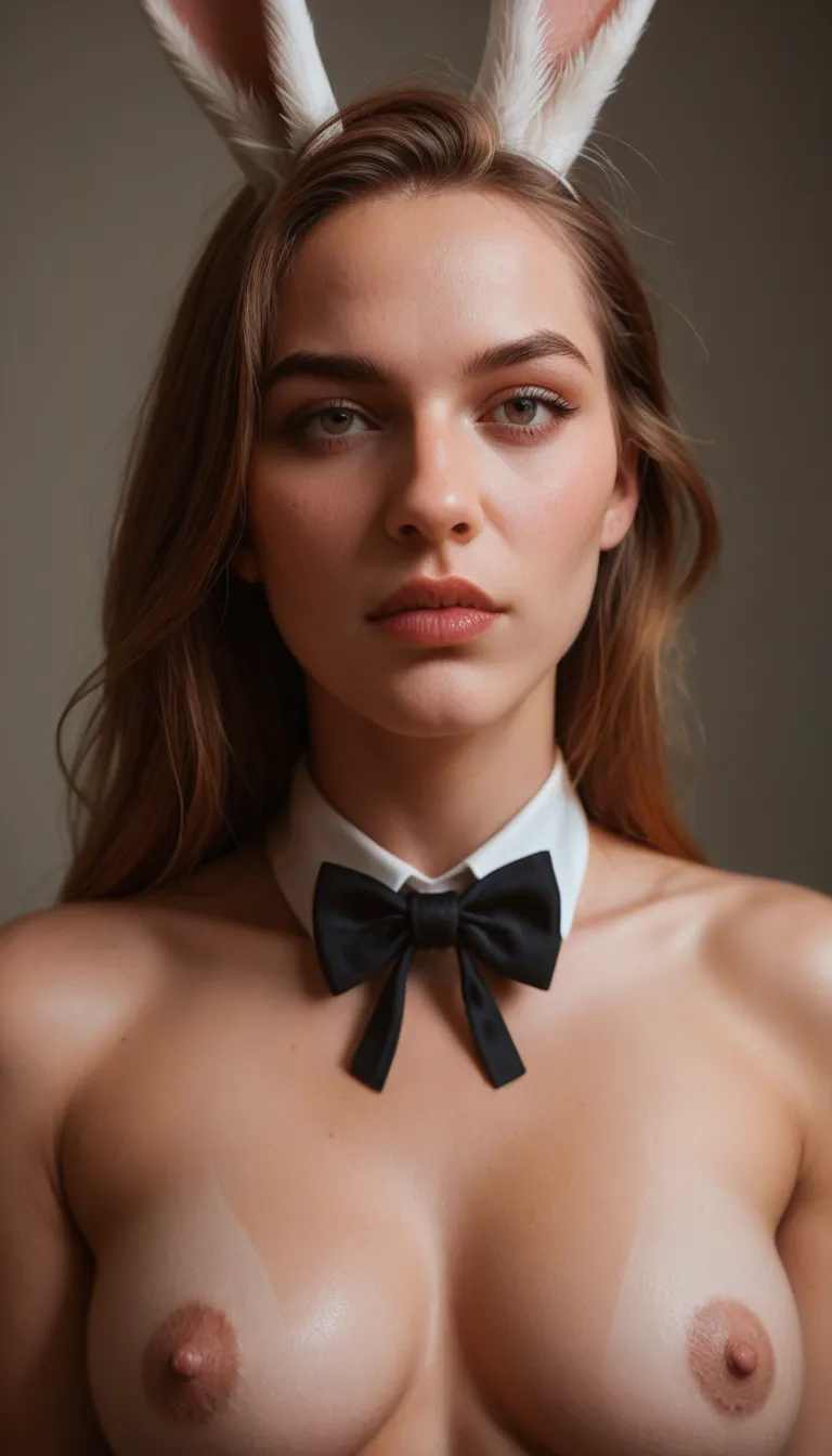 ultra HD, lifelike, bunny woman, nail polish, bowtie, presenting, medium shot, ambient glow, photorealistic