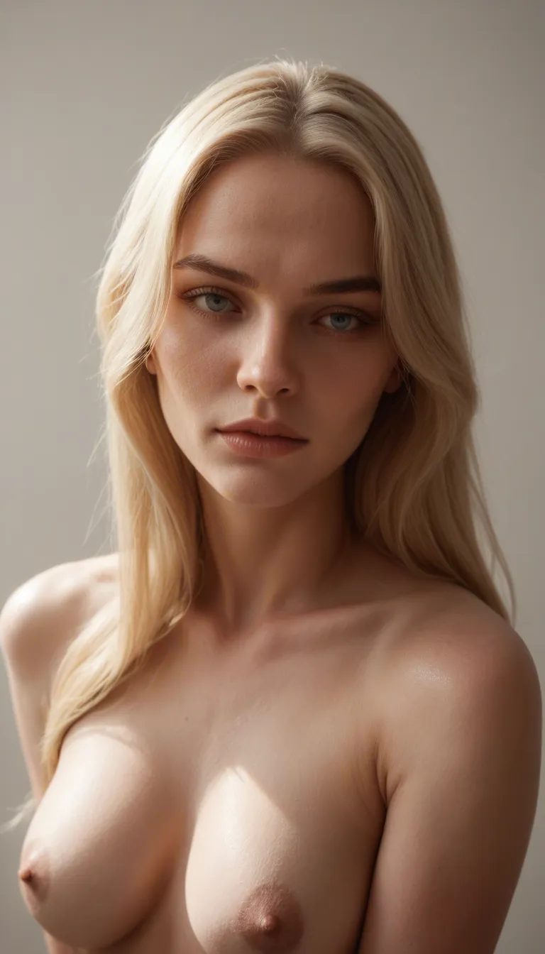 A nude blonde woman with long flowing soft blonde hair, anatomically precise proportions, smooth natural skin texture, soft warm studio lighting background, solid neutral grey seamless backdrop, the woman stands still with slow gentle breathing movement, her hair sways slightly with subtle air flow, medium full shot, eye level perspective, static holding shot, calm clinical, photo-realistic, hyper-detailed anatomic accuracy