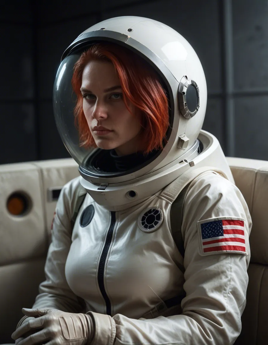Redhair astronaut woman in spacesuit skafander sit on comander seat with hand in her crouch, score_9, score_8, candid photo, realistic skin texture, visible skin pores, film grain, depth of field