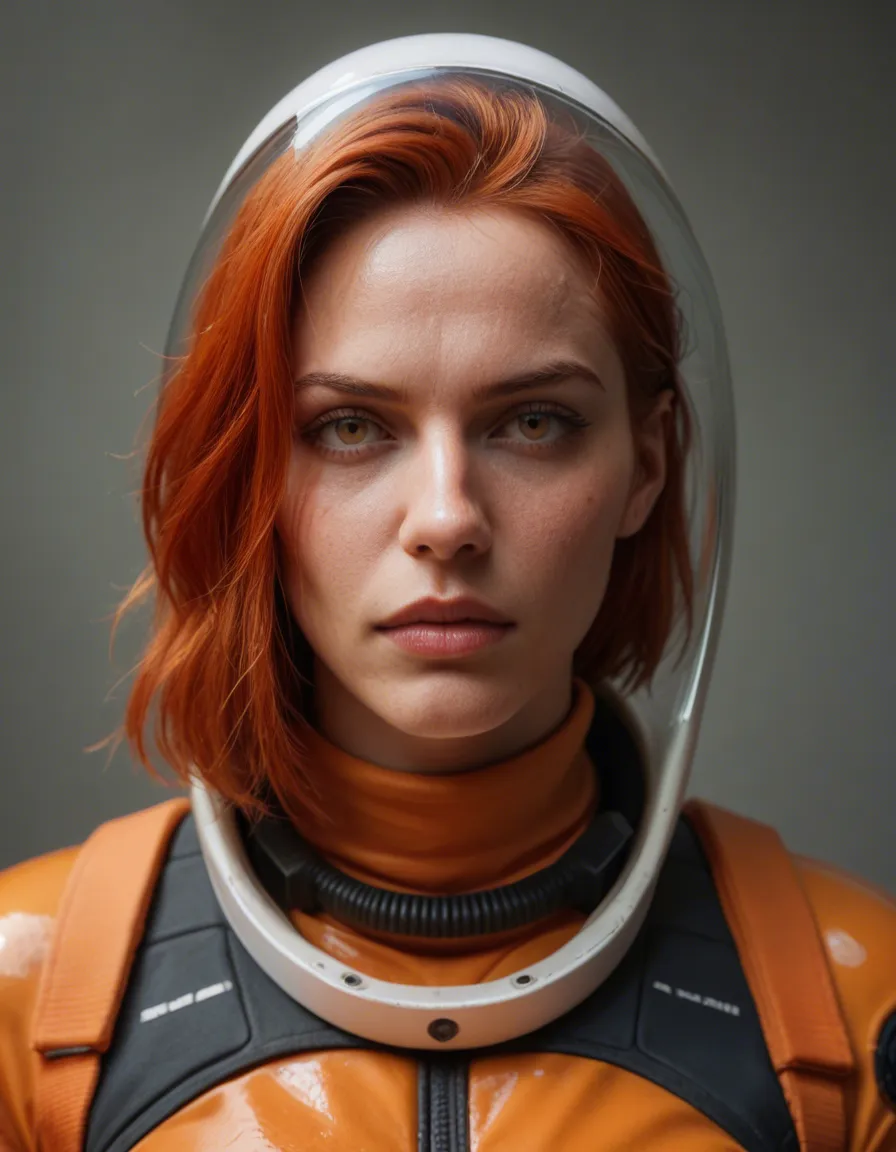 Redhair astronaut woman in orange spacesuit skafander gluedet on comander seat withalien slime. Alien tentacle in crouch, score_9, score_8, candid photo, realistic skin texture, visible skin pores, film grain, depth of field