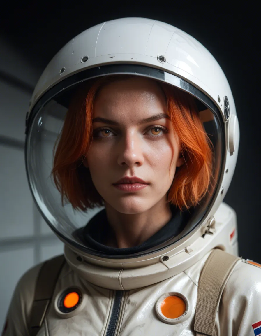Redhair astronaut woman in orange spacesuit skafander gluedet on comander seat withalien slime. hand in her crouc, score_9, score_8, candid photo, realistic skin texture, visible skin pores, film grain, depth of field